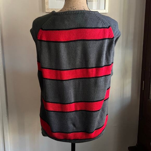 Vintage 80s Gray Red Striped Sweater Vest Men S Retro Prep Academia Unisex Cozy - Picture 4 of 17
